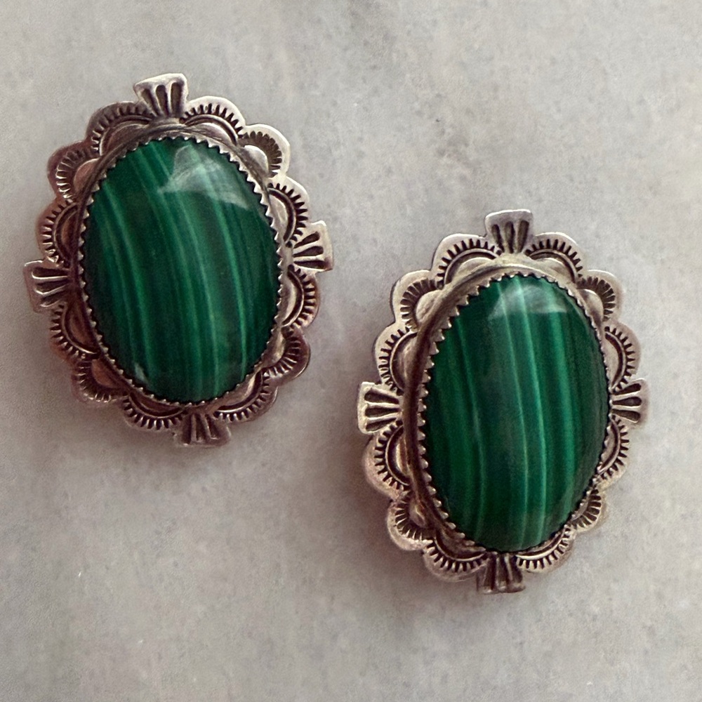 VTG Navajo Sterling Silver and Malachite Earrings clip on